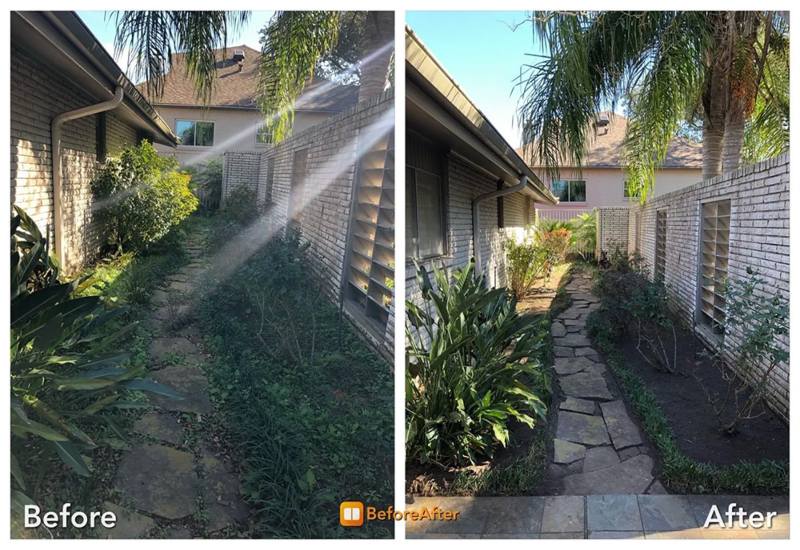 Before and after view of residential landscaping maintenance featuring a cleared pathway in Houston