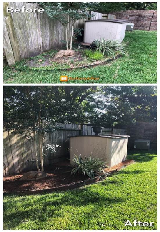 Before and after results of lawn maintenance featuring a cleaned lawn and pruned plants in Houston