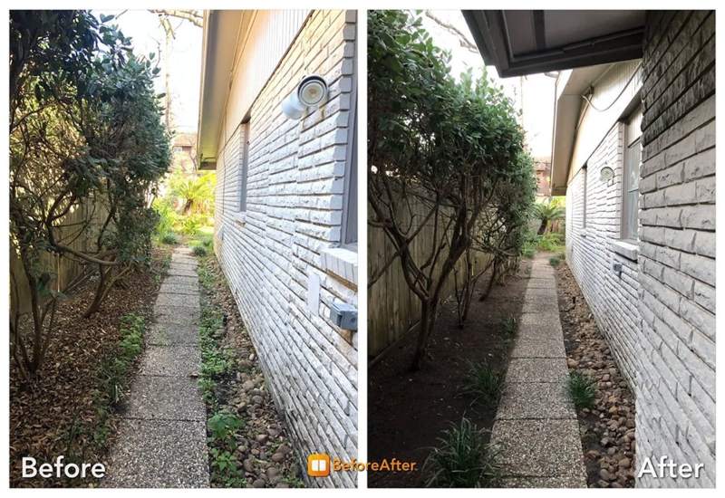 Side-by-side comparison of landscaping maintenance showing cleared walkway edges in Houston, TX