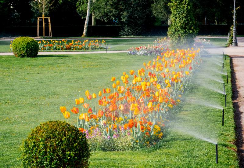 The newly installed irrigation system is watering the flowers in Houston, TX